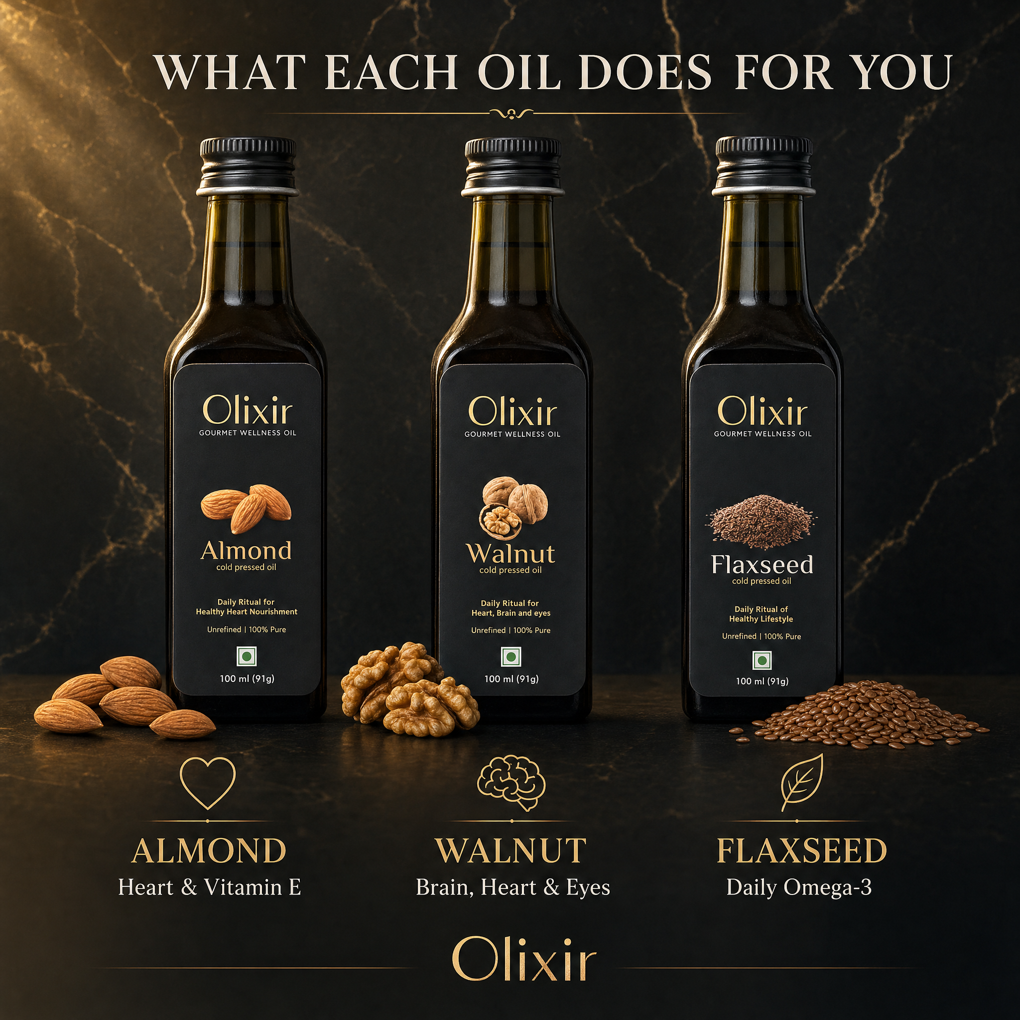 Olixir Essentials Bundle (Almond, Walnut and Flaxseed Cold Pressed Oils)