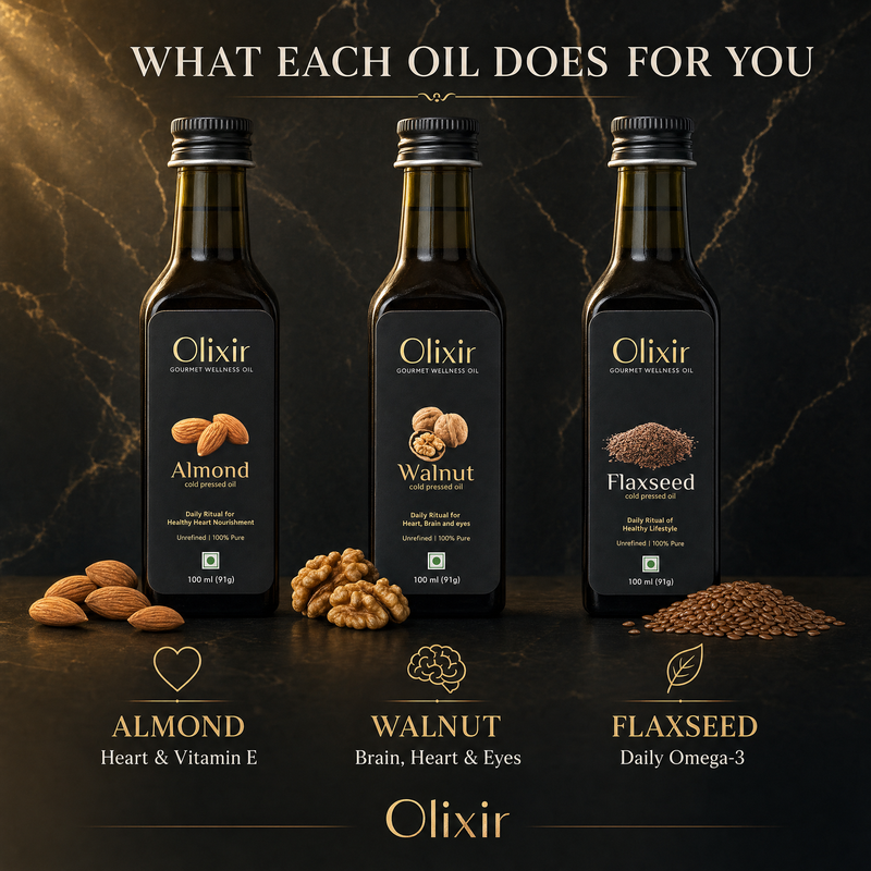 Olixir Essentials Bundle (Almond, Walnut and Flaxseed Cold Pressed Oils)